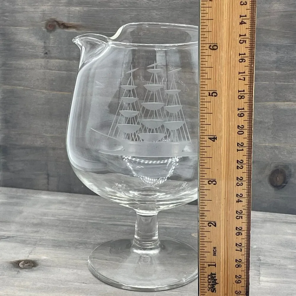 Vtg Toscany Clear Glass Brandy Snifter w/ Spout Clipper Ship Etched Nautical